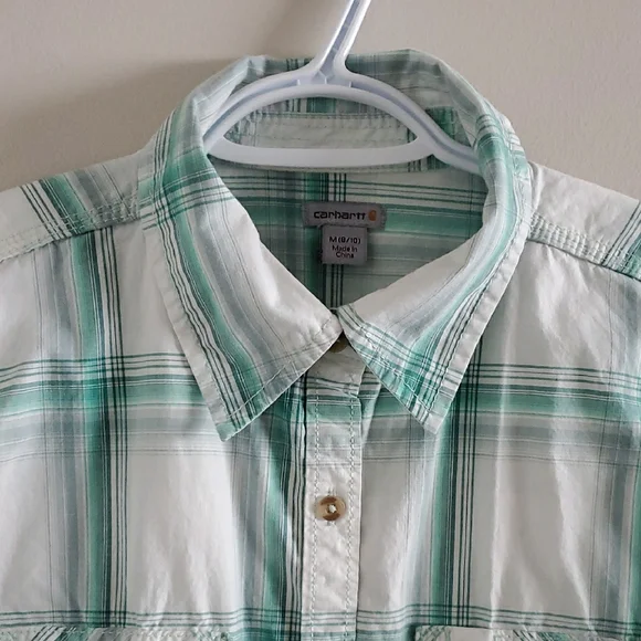Carhartt Women's White and Green Plaid Button Down 3/4 Sleeves Shirt Size M - Picture 3 of 16
